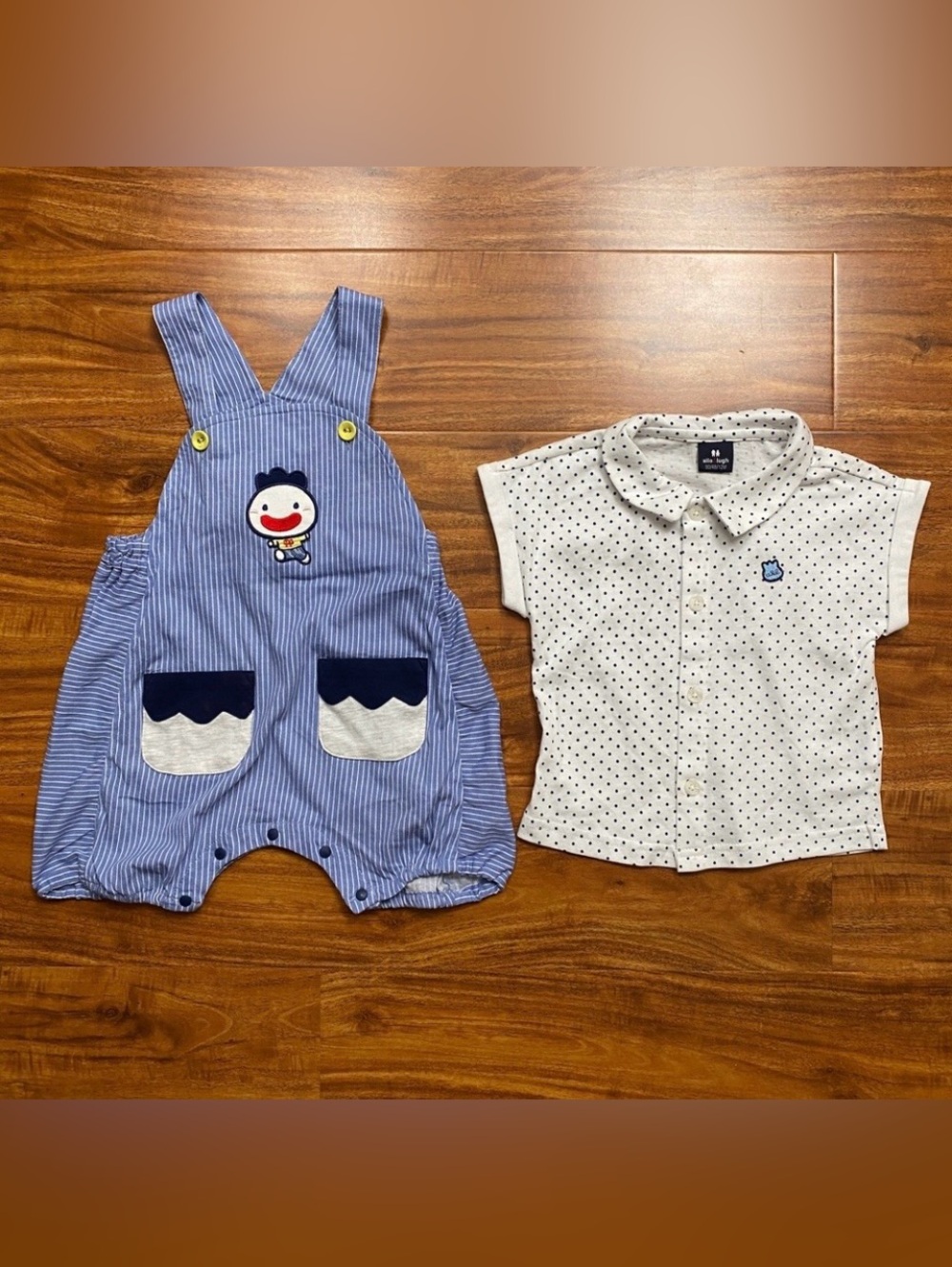 Allo&Lugh Baby Neutral Cotton Polka Dot Collared Shirt + Shorts Overall 12M